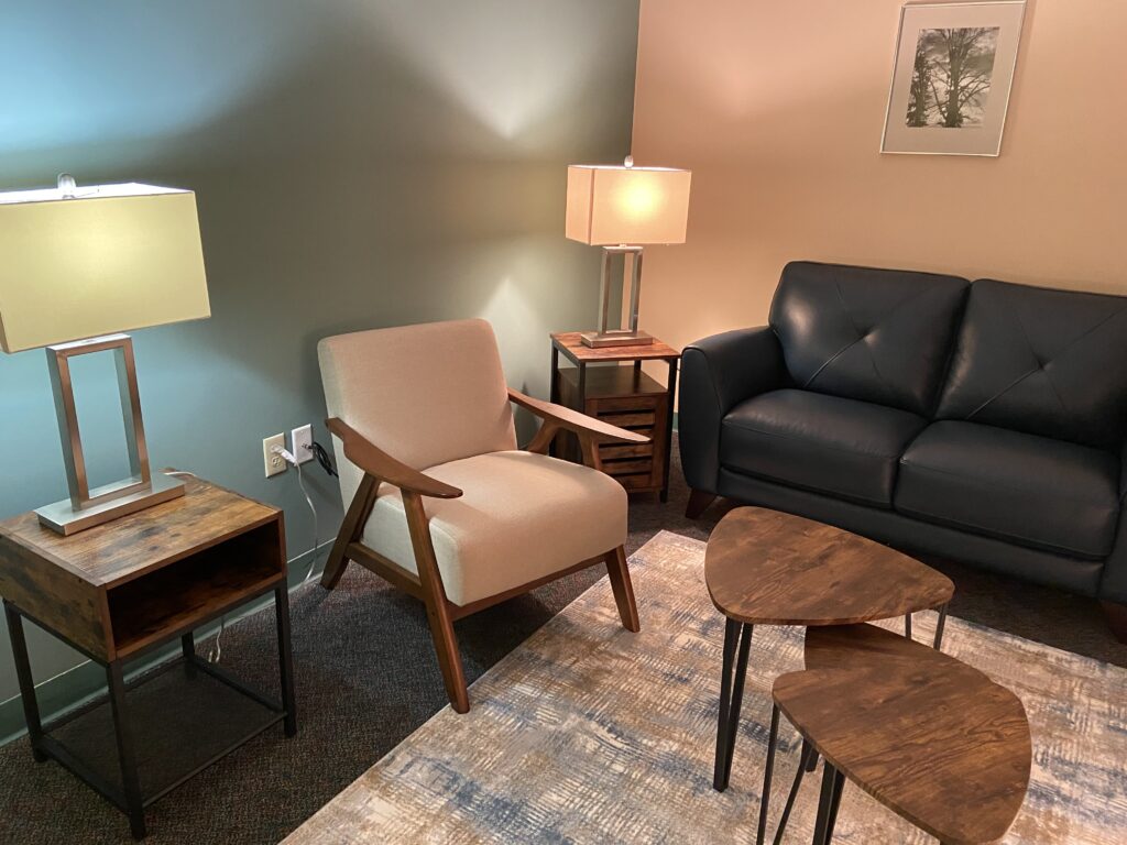 A modern, well-lit living room with contemporary furniture including a sofa, chair, and lamps